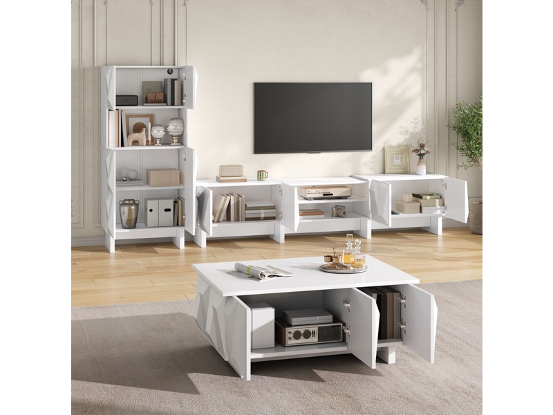  Ensemble de 3 meubles de salon blanc en panneaux de particules avec façades 3d – meuble tv, vitrine et table basse  - Conforama C