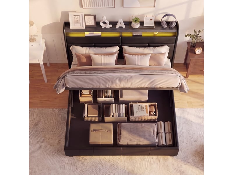  Lit double coffre - 160 x 200 cm-noir - en similicuir pu, avec tête de lit à étagères, double éclairage led et vérins hydrauliques  - Conforama E