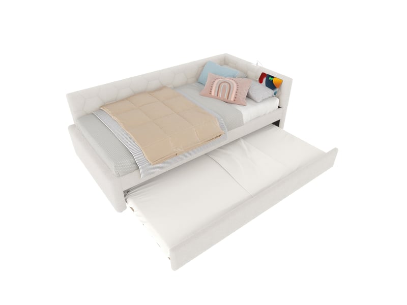  Lit de jour 90x200 canapé lit enfant avec lit gigogne et ports usb, tissu bouclette blanc  - Conforama A