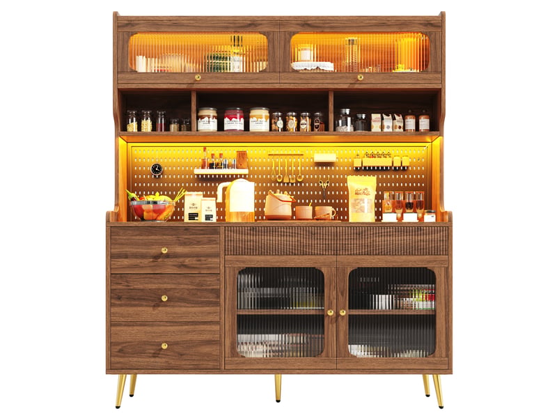 Meuble de rangement avec porte relevable, led rgb et panneau perforé, pour cuisine et salon, mdf noyer, 145 × 39 × 171 cm - Conforama A