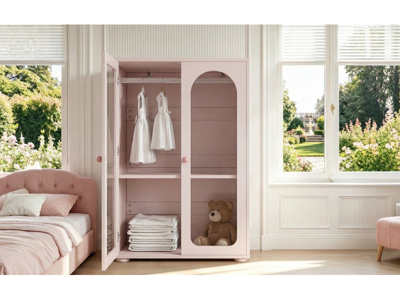  Armoire 2 portes 80x50x120 cm portes transparentes laquées mdf rose bébé  - Conforama C