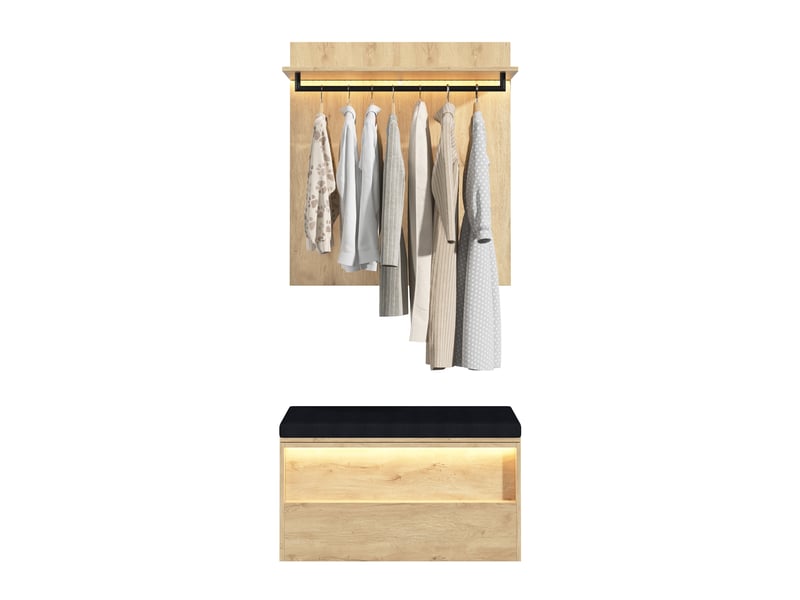 Vestiaire d'entrée avec banc à chaussures et éclairage led, 90x47x145 cm, mdf chêne - Conforama A