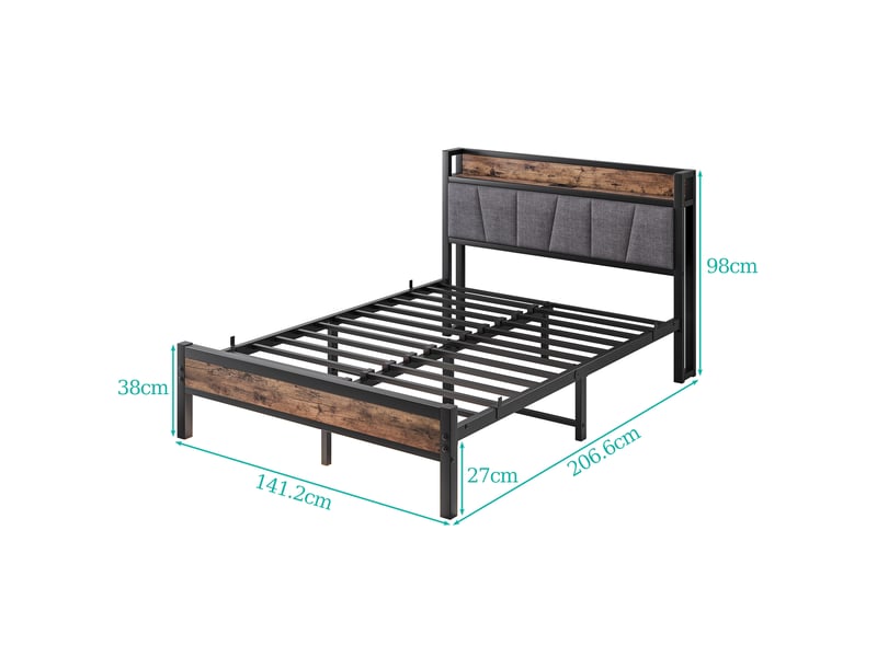  Lit connecté 140x190 avec éclairage led intelligent et station de charge usb,tête de lit rangement, structure métal robuste,brun(sans matelas） ABC - Conforama C