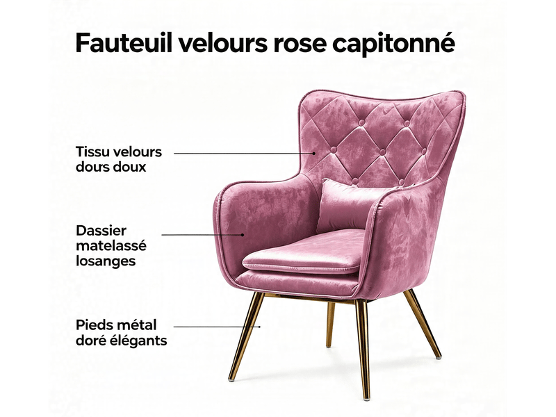  Fauteuil club (lot de 2) 68x92x70cm velours matelassé+métal -rose+doré,livré avec coussin complémentaire S3625984 - Conforama E