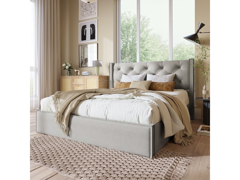  Lit 140x200 cm coffre hydraulique, sommier et cadre métal, design contemporain, tissu gris clair  - Conforama E