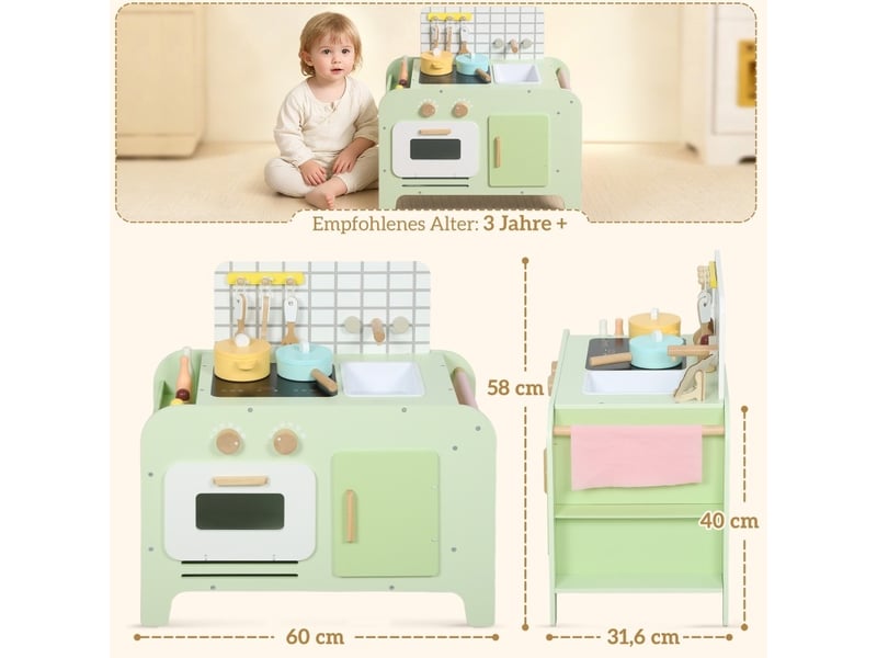 Cuisine jouet enfant 60x31,6x58 cm – verte – 15 accessoires, évier et rangements intégrés dès 3 ans - Conforama C