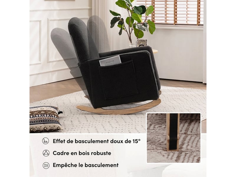  Fauteuil à bascule avec repose-pieds tissu peluche gris foncé dossier haut salon  - Conforama W