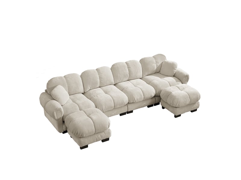  Canapé d’angle u 330x149x90 cm 4 places, 2 poufs mobiles, couleur capitonnée, coussins moelleux, tissu chenille kaki clair  - Conforama A