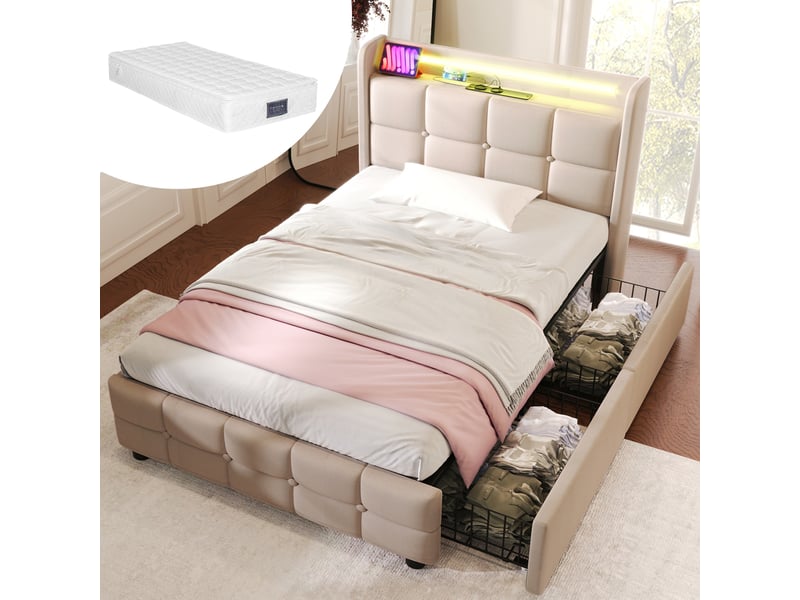  Lit avec rangement 90x200 cm, deux tiroirs et tête de lit led  - Conforama B