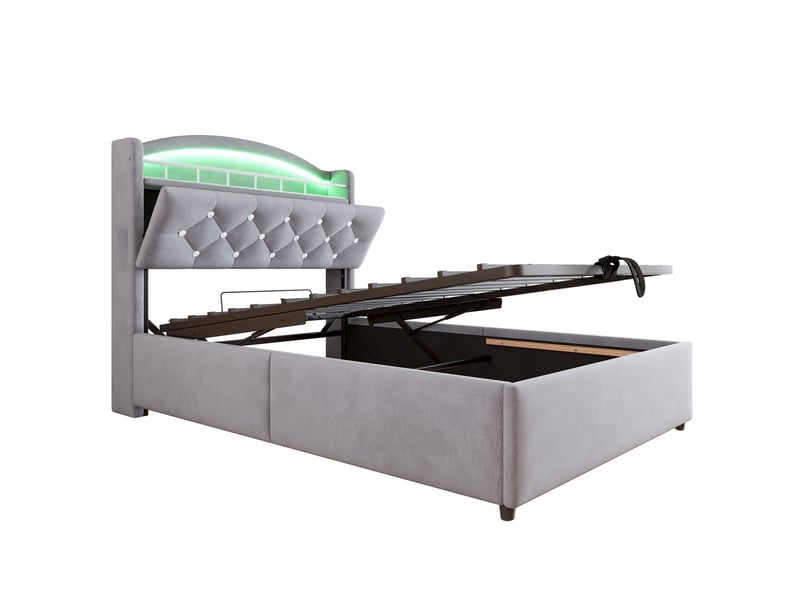  Lit enfant rembourré 90 x 200 cm en velours avec rangement relevable, led, ports usb et usb-c, sommier métallique, sans matelas, gris  - Conforama W