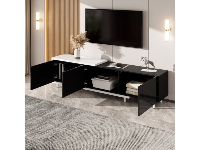  Meuble tv extensible ulevr avec rangement, 258 x 38 x 48,5 cm, 3 portes brillantes, mdf et panneaux de particules noir et blanc  - Conforama D