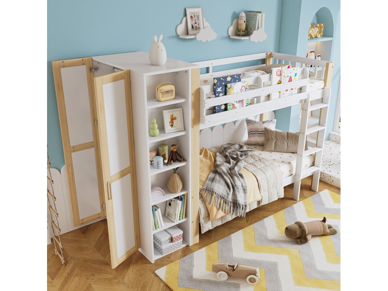  Lit superposé enfant 90x200 cm avec armoire, 6 étagères et échelle, blanc naturel  - Conforama D