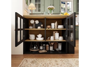 Table de bar pivotante à 360 degrés, îlot de cuisine extensible noir (138-204cm) avec étagères de rangement et portes en verre.