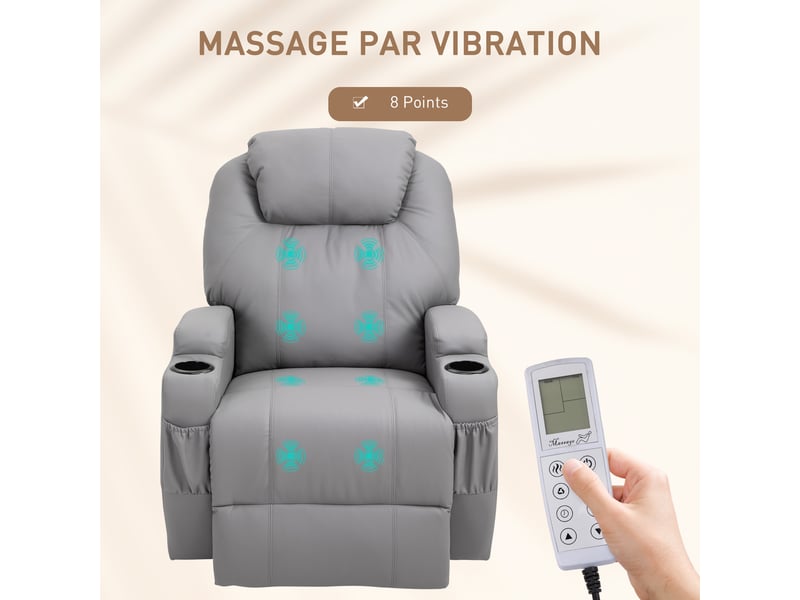  Fauteuil de relaxation massant et inclinable électrique en pu gris 82x97x110 cm  - Conforama D
