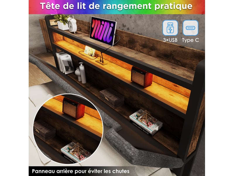  Lit avec tiroirs 90 × 200 cm 1 place, rangement, usb-c, led réglable et matelas inclus, tissu gris  - Conforama E