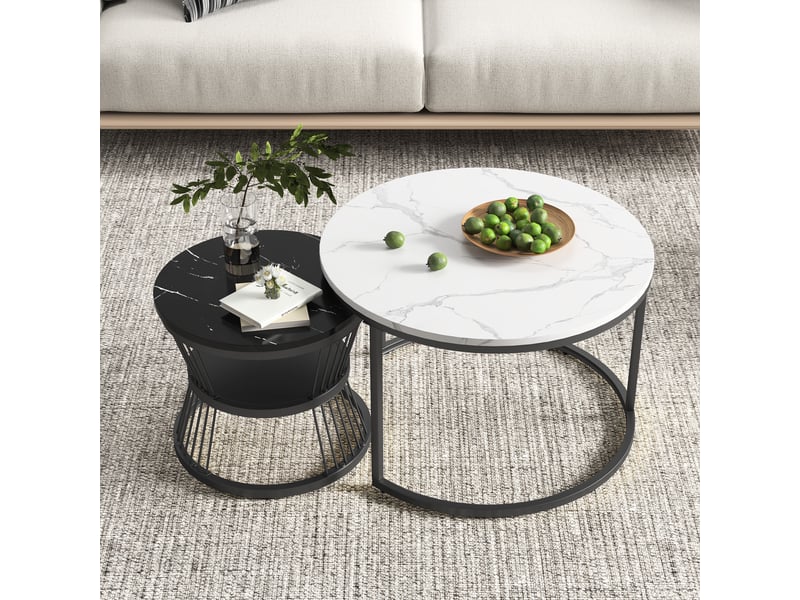  Lot de 2 tables basses - ø70x45,5cm &amp; ø45x40cm - tables gigognes rondes effet marbre &amp; pieds métal - noir et blanc  - Conforama C