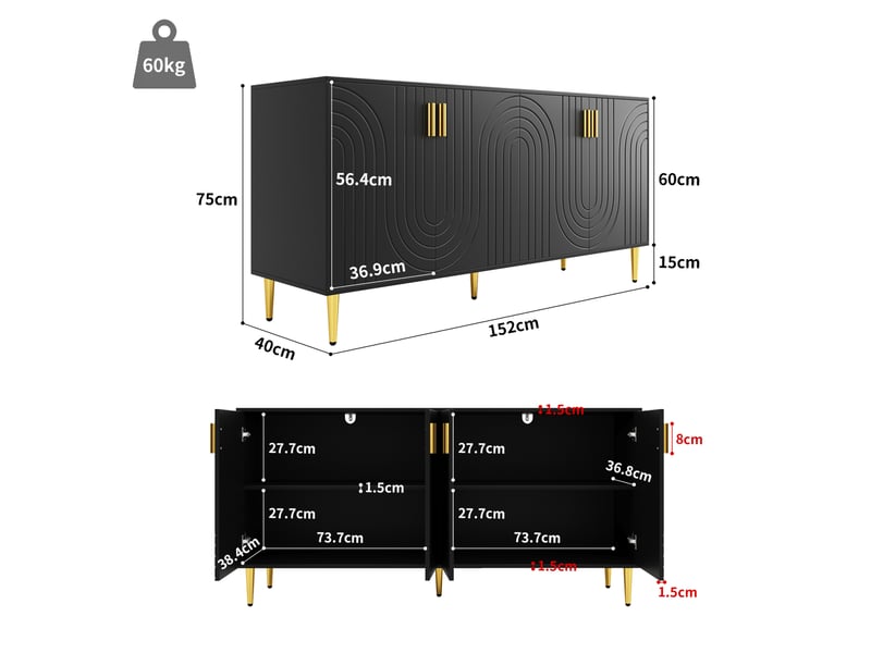  Buffet 4 portes noir 152 x 40 x 75 cm en mdf avec poignées et pieds dorés  - Conforama C