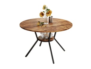 Table à manger ronde ø120cm avec rangement, style industriel marron, 4 à 6 personnes, en mdf et fer, couleur naturel