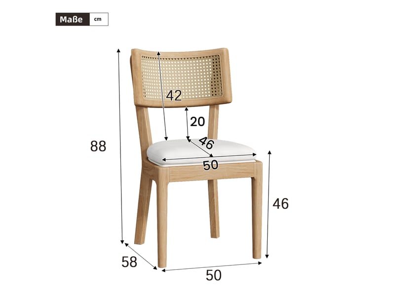  Lot de 6 chaises repas 58x50x88 cm avec dossier rotin assise lin mousse densité élevée bois moderne bois naturel  - Conforama C