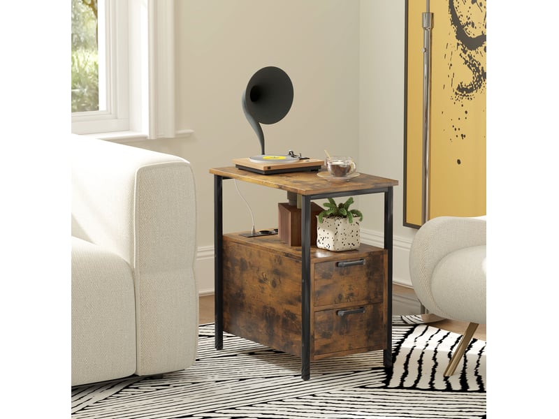  Table de chevet avec 2 tiroirs, niche ouverte et prises intégrées, pour chambre ou salon, marron, 55 × 35 × 58,5 cm  - Conforama D