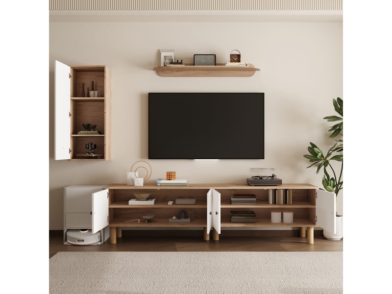 Ensemble meuble tv mural 3 pièces salon avec rangement ouvert et fermé, charnières silencieuses, blanc et bois GL0556N - Conforama C