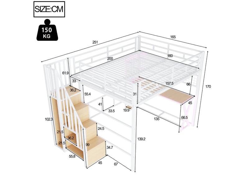 Lit mezzanine - 160x200 cm - bureau intégré - armoire intégrée - échelle - rangements intégrés - éclairage led - lit enfant - blanc CozyNest - Conforama D