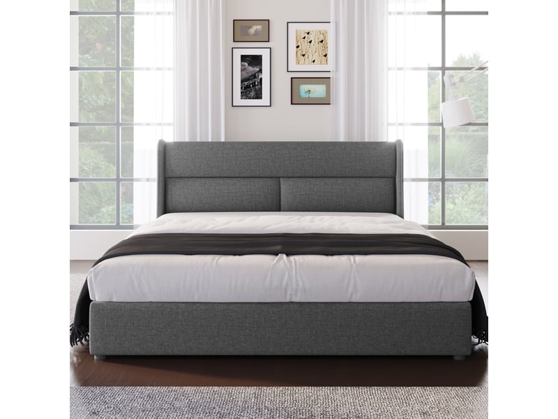  Lit coffre double avec tête de lit réglable 160x200 cm tissu lin gris  - Conforama D