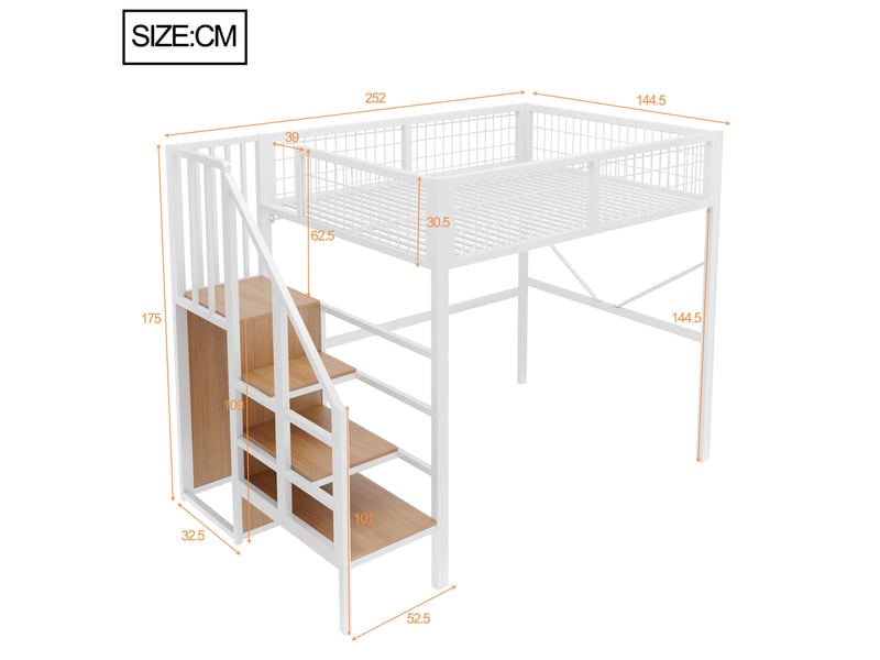 Lit mezzanine 140x200 cm en métal avec échelle de rangement, éclairage led, garde-corps sécurisé et espace bureau ou canapé sous le lit - blanc - Conforama C