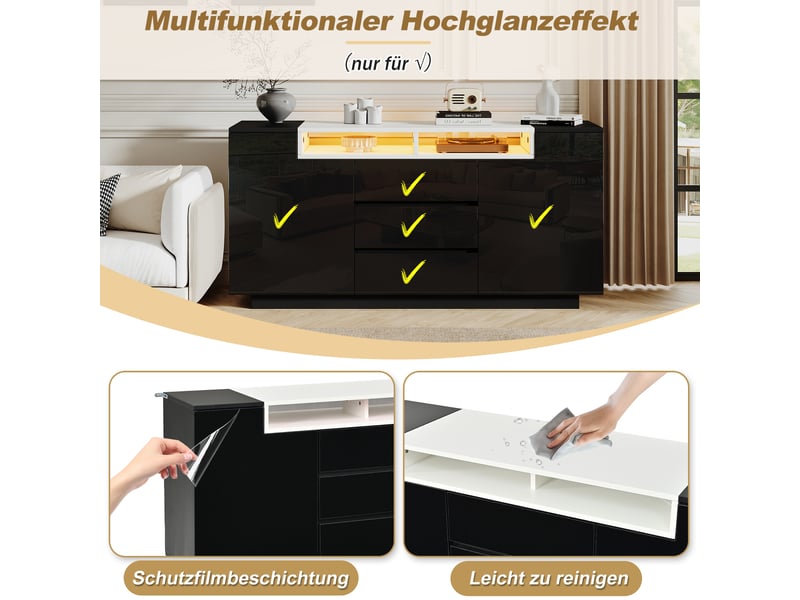  Meuble de cuisine bas , buffet cuisine , avec éclairage led et 2 portes, 3 tiroirs – 140×40×68 cm  - Conforama D