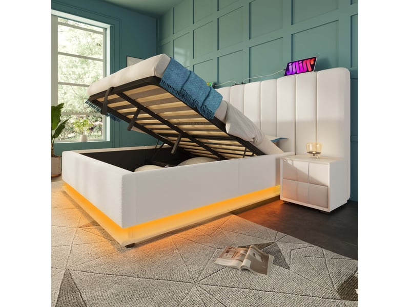  Lit coffre 180×200cm, lit adulte, charge, tête de lit, led intégré 360°, espace de rangement, pu, métal, bois, blanc, lit 2 places  - Conforama D