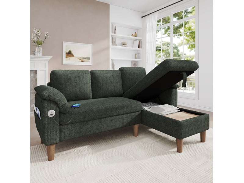  Canapé d'angle réversible 3 places avec méridienne coffre, ports usb et usb-c, poches latérales en chenille vert  - Conforama B