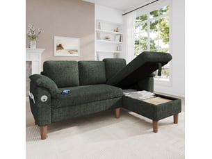 Canapé d'angle réversible fixe <strong>WISHDOR</strong> <strong></strong> 3 places Polyester vert avec coffre de rangement