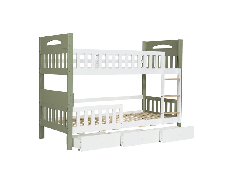 Lit superposé enfant 90 x 200 cm en bois, blancvert, avec échelle, barrière de sécurité surélevée, étagère latérale et 3 tiroirs - Conforama E