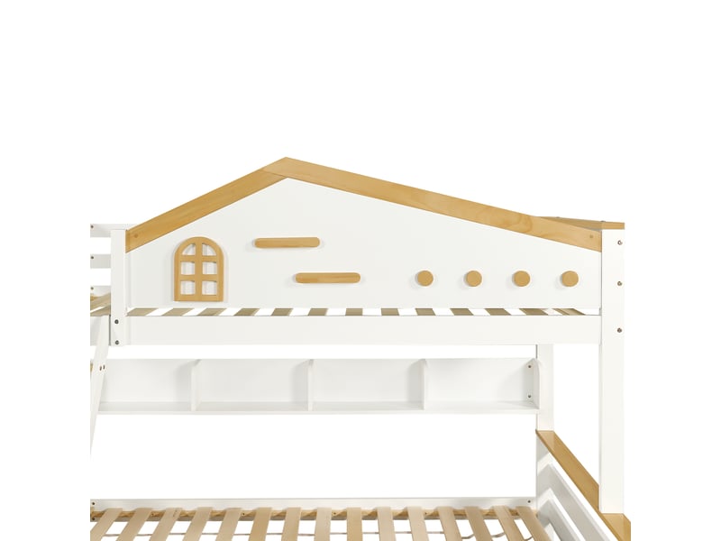  Lit superposé enfant 200×90 cm et 200×140 cm avec 2 tiroirs et étagères ouvertes, sans matelas, blanc et naturel  - Conforama E