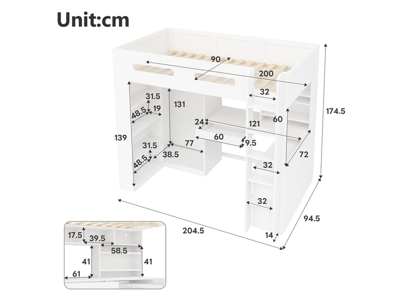  Lit mezzanine 90x200 cm avec bureau, penderie ouverte, tiroir, étagères, led et usb, pin et mdf, blanc OMNIGLINT TRADING LTD - Conforama C
