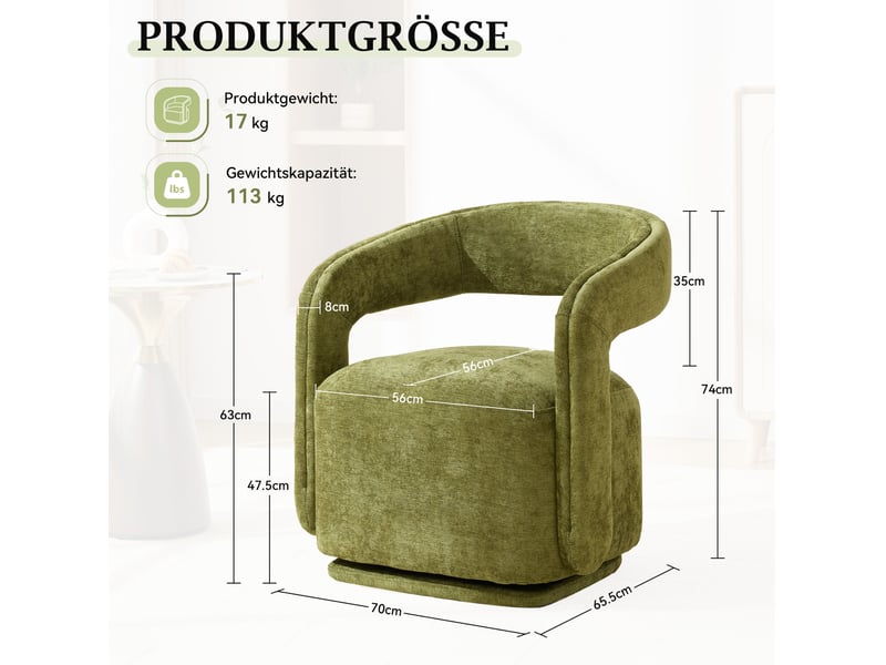  Fauteuil pivotant 360° en chenille vert style barrel chair  - Conforama E
