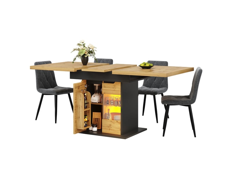  Table à manger extensible 110-140x80x76 cm pour 4-6 personnes, rangement intégré et led pilotée, mdf et verre, noir et naturel  - Conforama A
