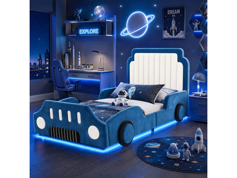  Lit enfant voiture 90 x 200 sans matelas garde corps intégré led velours bleu design rétro sécurité confortable  - Conforama B