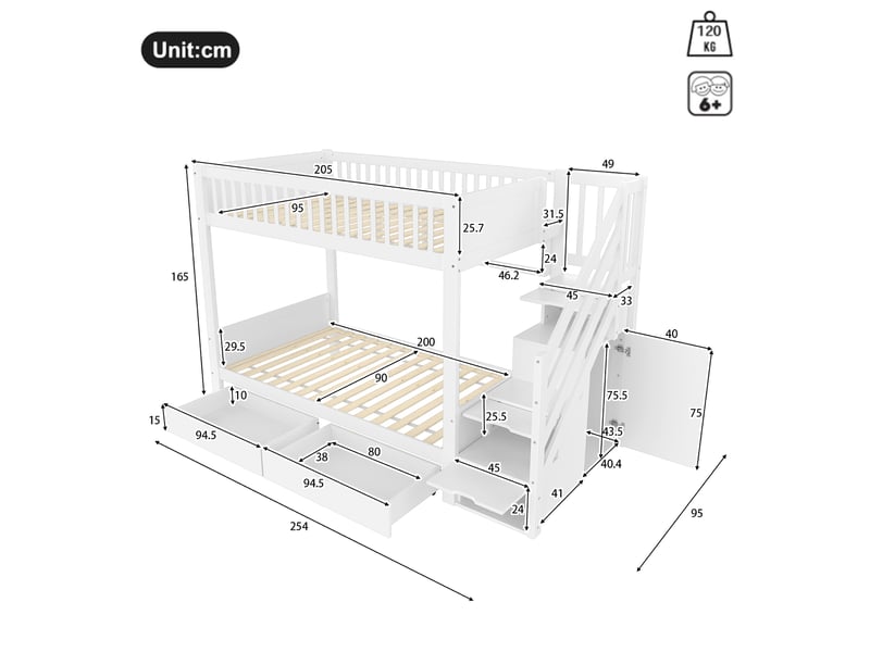  Lit superposé enfant 90x200 cm avec escalier de rangement, armoire et tiroirs blanc  - Conforama C