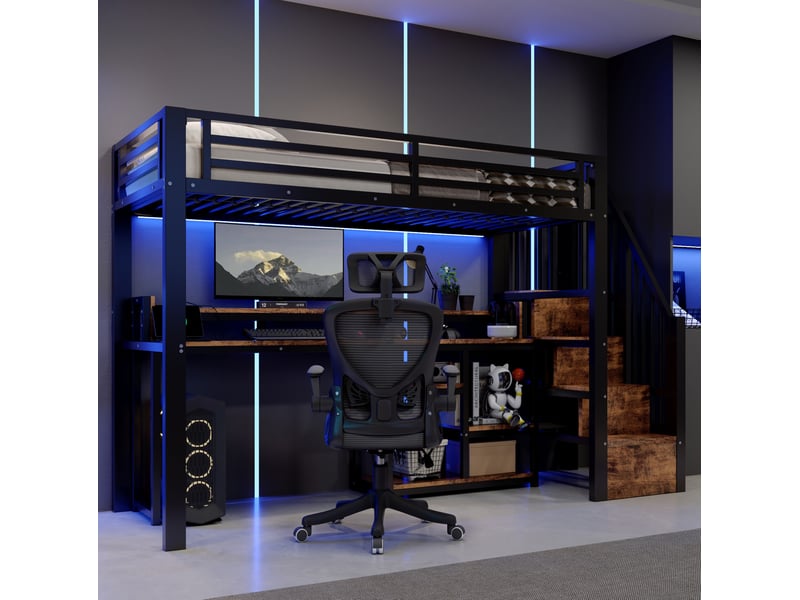  Lit mezzanine 90 × 200 cm 1 place avec armoire-échelle, étagères, usb, usb-c et led, sans matelas, noir  - Conforama C
