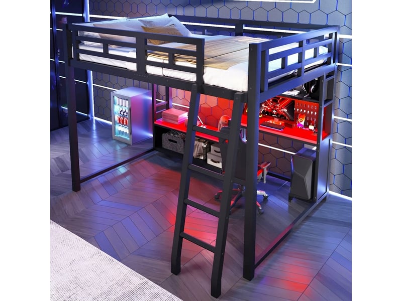  Lit mezzanine 140x200 avec bureau gaming et led intégrées noir  - Conforama C