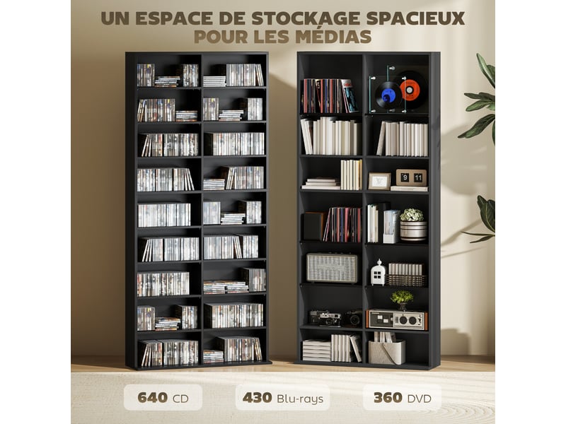  Rangements pour cd et dvd 18 compartiments capacité max. 640 cd360 dvd 430 blu-ray 78,5 x 24 x 175 cm noir  - Conforama E