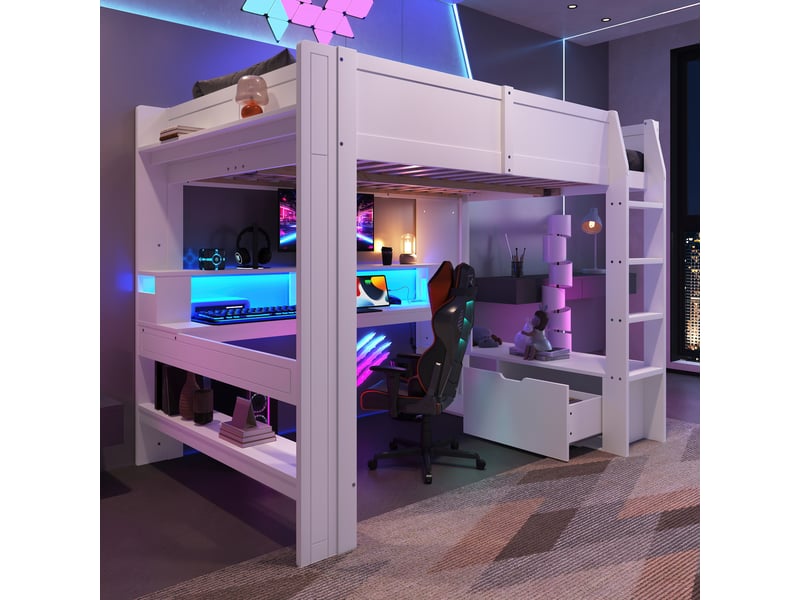  Lit mezzanine 140x200 cm avec bureau, led et rangements, coloris blanc  - Conforama D