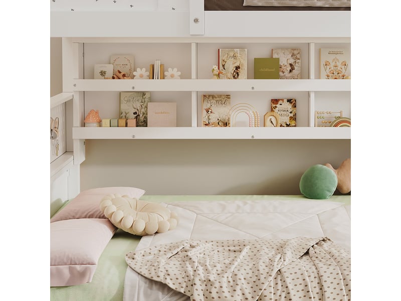  Lit superposé en bois 120 x 200 cm et 140 x 200 cm, avec échelle, double étagère et panneau perforé, blanc  - Conforama E
