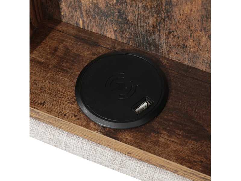  Lit coffre double 160x200 cm naturel en lin, tête de lit avec charge sans fil, usb c et rangements  - Conforama E