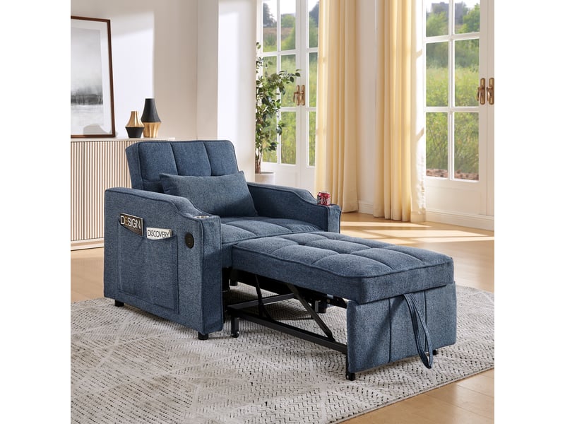Fauteuil convertible 3-en-1 avec fonction lit - dossier 3 positions, usb, tissu - bleu marine - Conforama B
