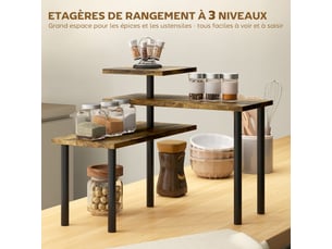 Étagère de cuisine rotative à 3 niveaux, étagère d'angle, cadre en métal, brun rustique, 40 x 18 x 36,5 cm
