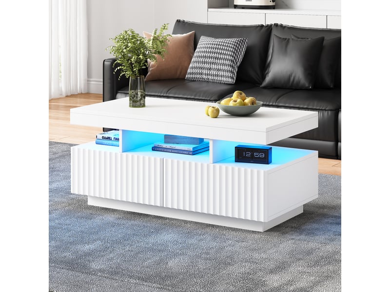  Table basse blanche 100x50x45 cm avec led, table de salon avec led, 2 tiroirs à rayures verticales, design minimaliste  - Conforama C