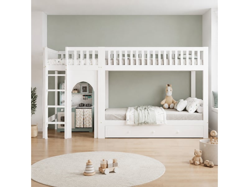  Lit superposé enfant 2 places 90×200 cm, échelle et barrières  - sans matelas, pin mdf blanc naturel  - Conforama B