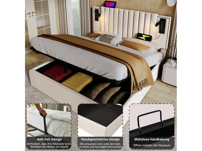 Lit coffre 2 places 180x200 cm avec liseuses et ports usbusb-c beige - Conforama E